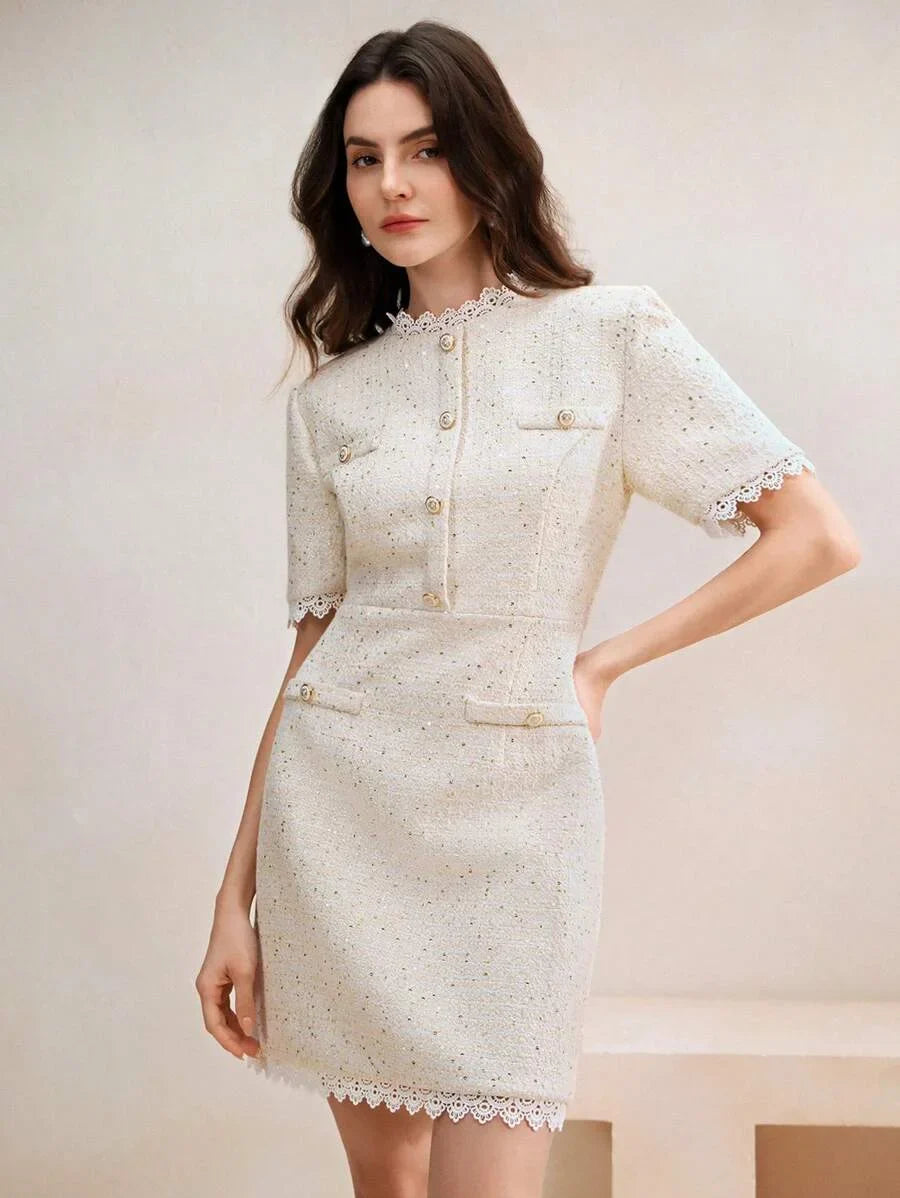 Womens Fitted Lace Trim Sparkling Button Mini Dress Navy Blue