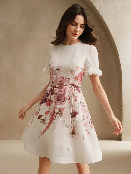 Womens Floral Placement Print amp Lace Patchwork Tie Waist Elegant Short Dress