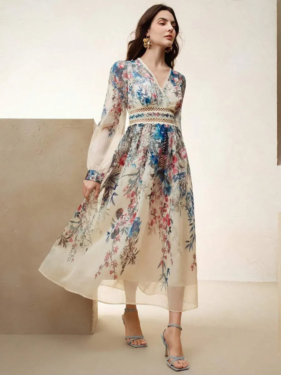 Womens Floral Print Lantern Sleeve VNeck Elegant Dress With Waist Drawstring Ideal For Valentines