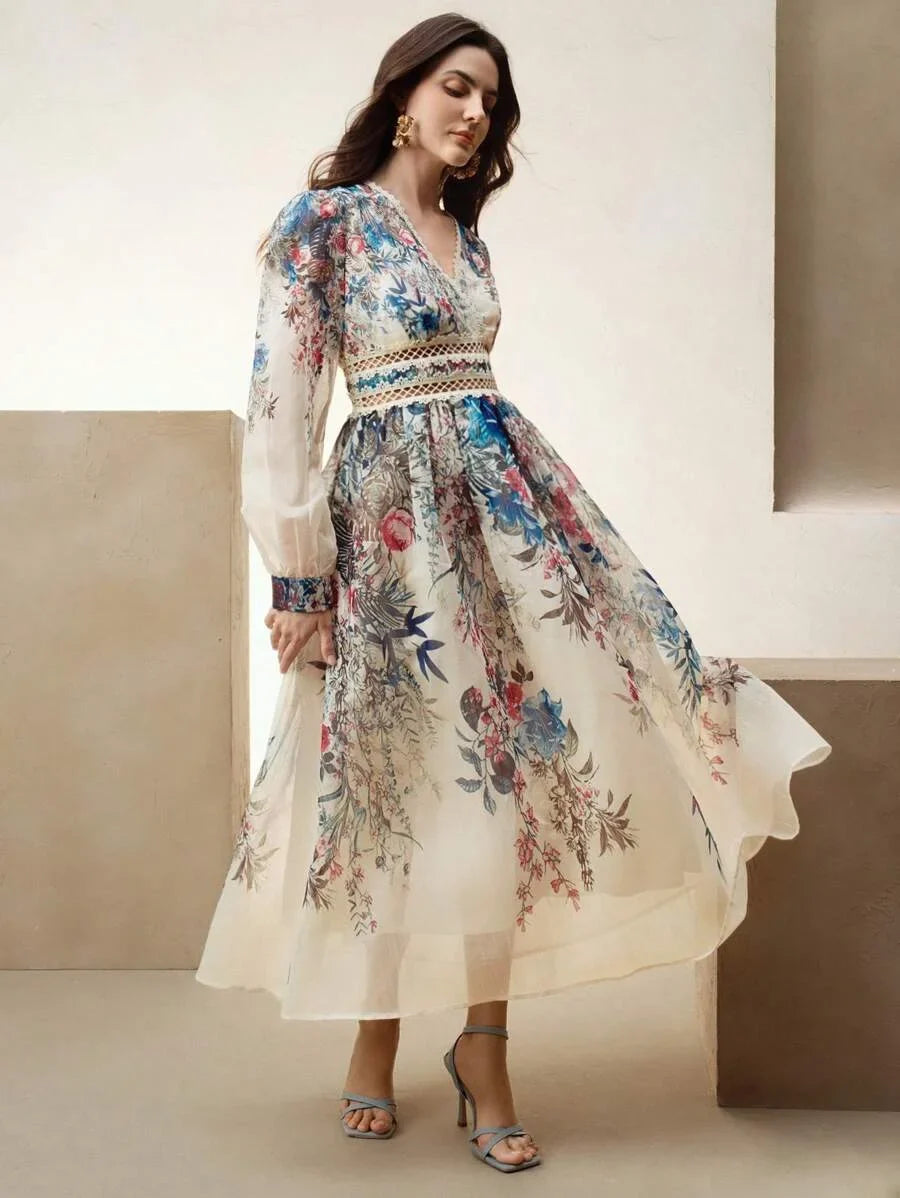 Womens Floral Print Lantern Sleeve VNeck Elegant Dress With Waist Drawstring Ideal For Valentines