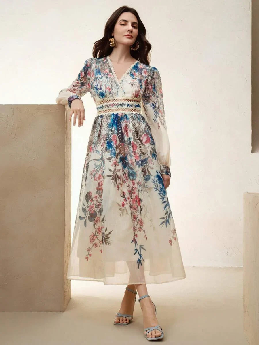 Womens Floral Print Lantern Sleeve VNeck Elegant Dress With Waist Drawstring Ideal For Valentines