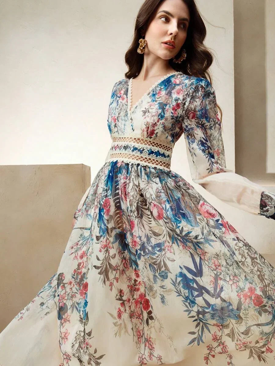 Womens Floral Print Lantern Sleeve VNeck Elegant Dress With Waist Drawstring Ideal For Valentines