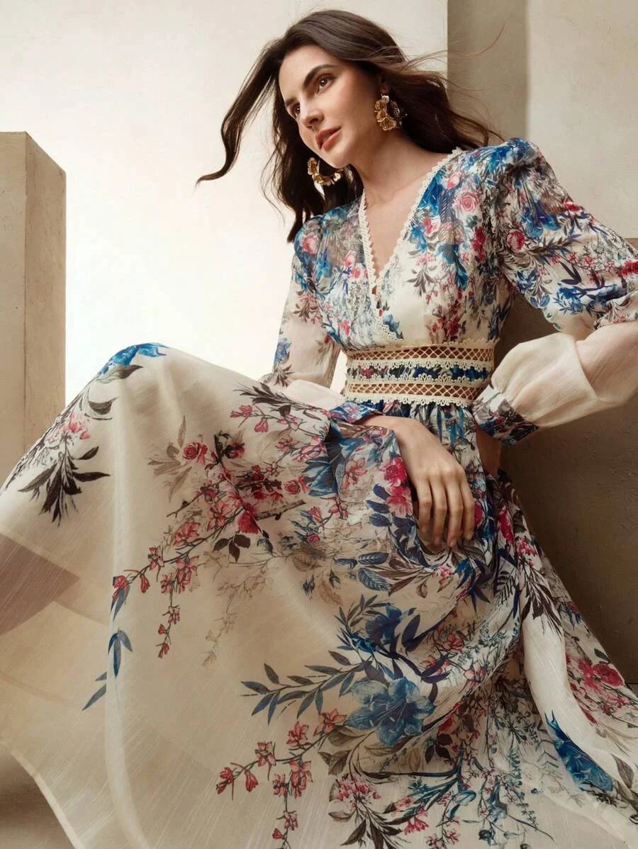 Womens Floral Print Lantern Sleeve VNeck Elegant Dress With Waist Drawstring Ideal For Valentines