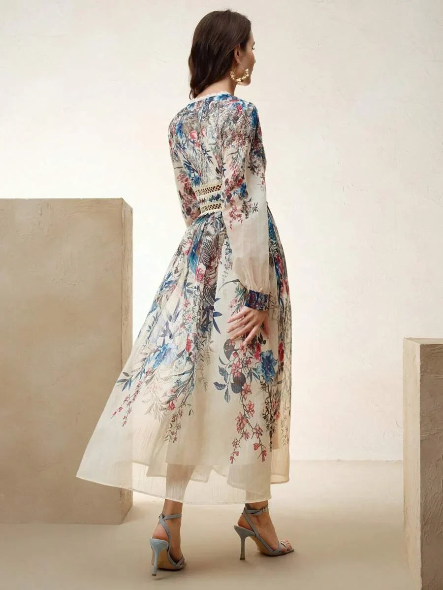 Womens Floral Print Lantern Sleeve VNeck Elegant Dress With Waist Drawstring Ideal For Valentines