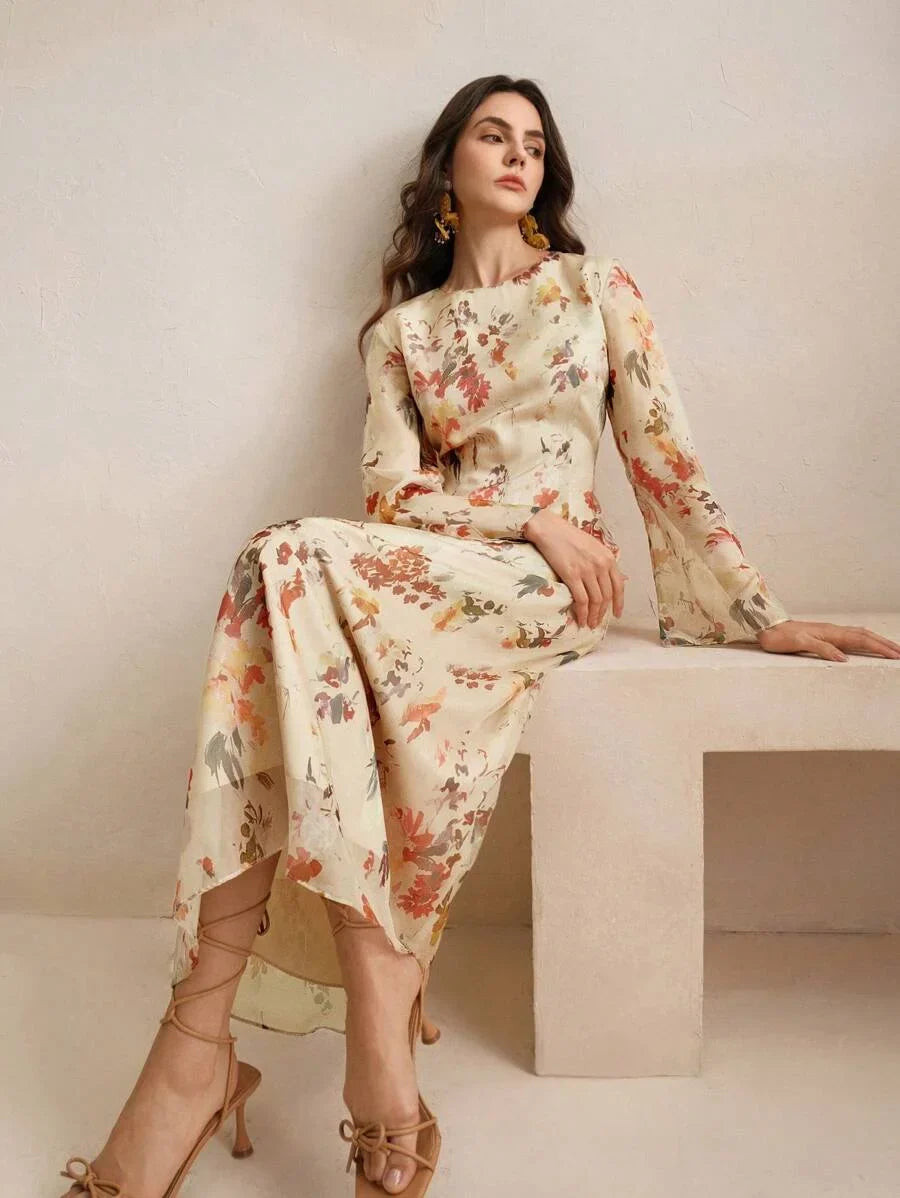 Womens Floral Print Long Sleeve Vacation Style Elegant Fashion Dress