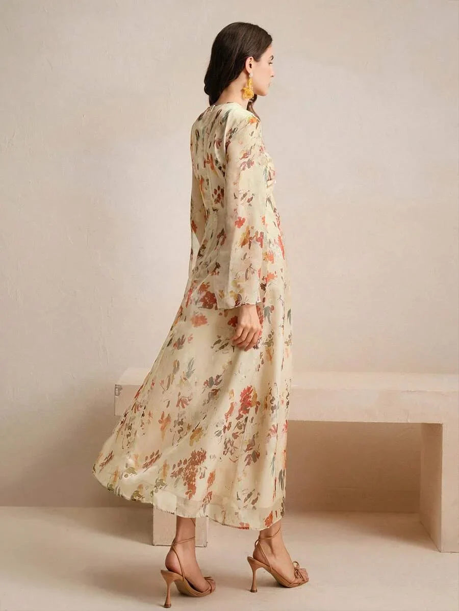 Womens Floral Print Long Sleeve Vacation Style Elegant Fashion Dress
