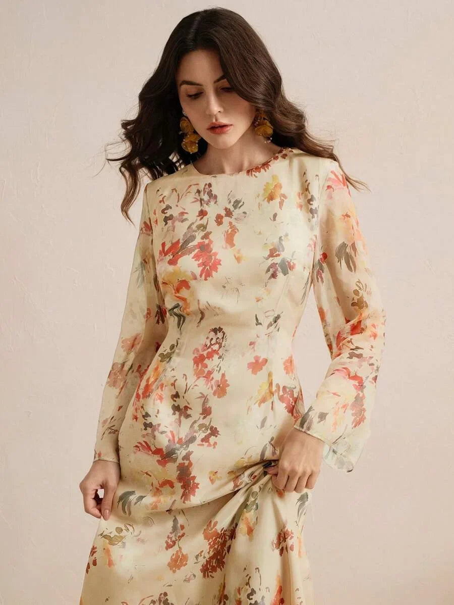 Womens Floral Print Long Sleeve Vacation Style Elegant Fashion Dress
