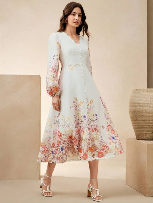 Womens Floral Print VNeck Cinched Waist Lantern Sleeve Long Dress Elegant Holiday Wedding Guest