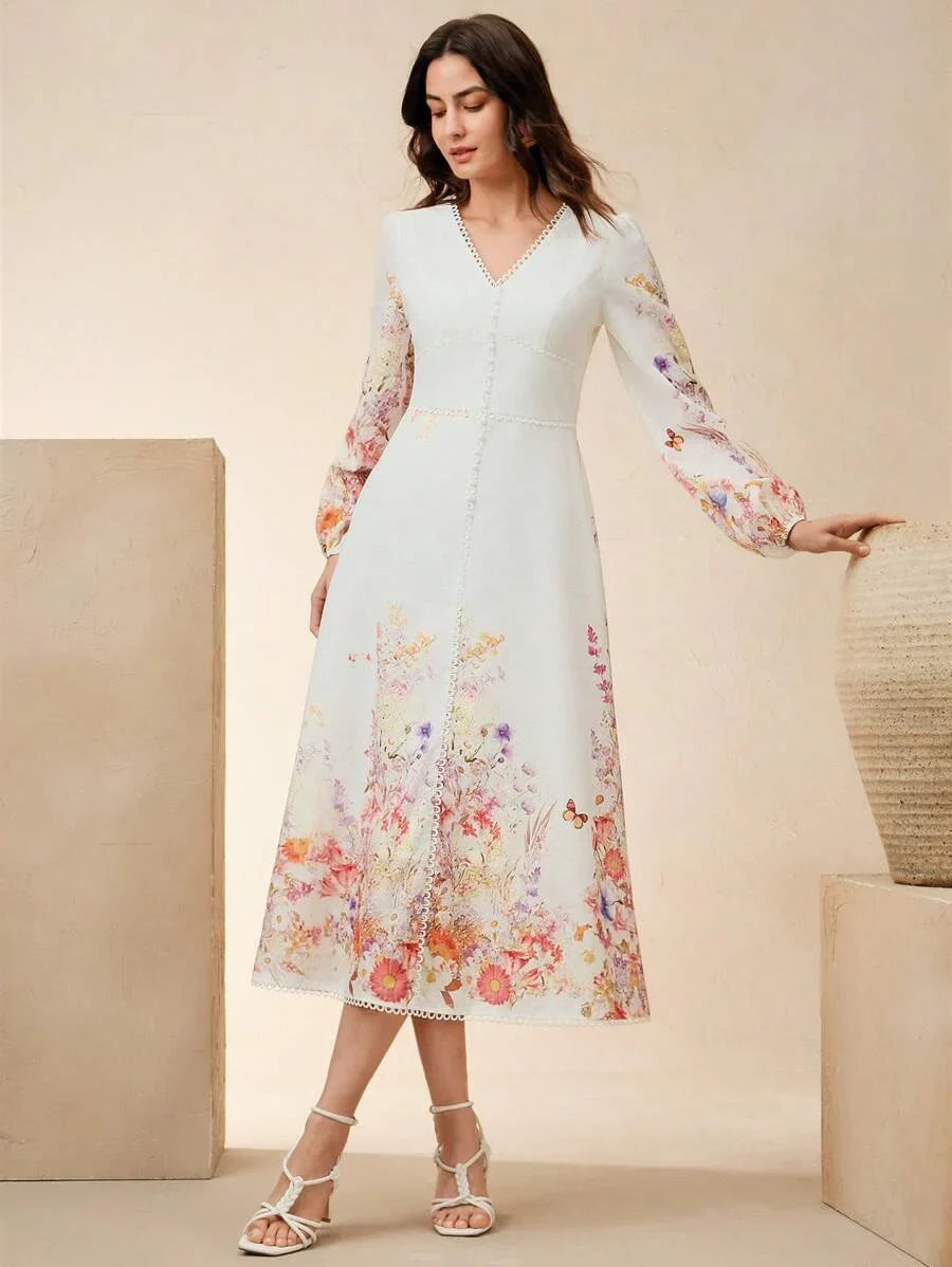 Womens Floral Print VNeck Cinched Waist Lantern Sleeve Long Dress Elegant Holiday Wedding Guest