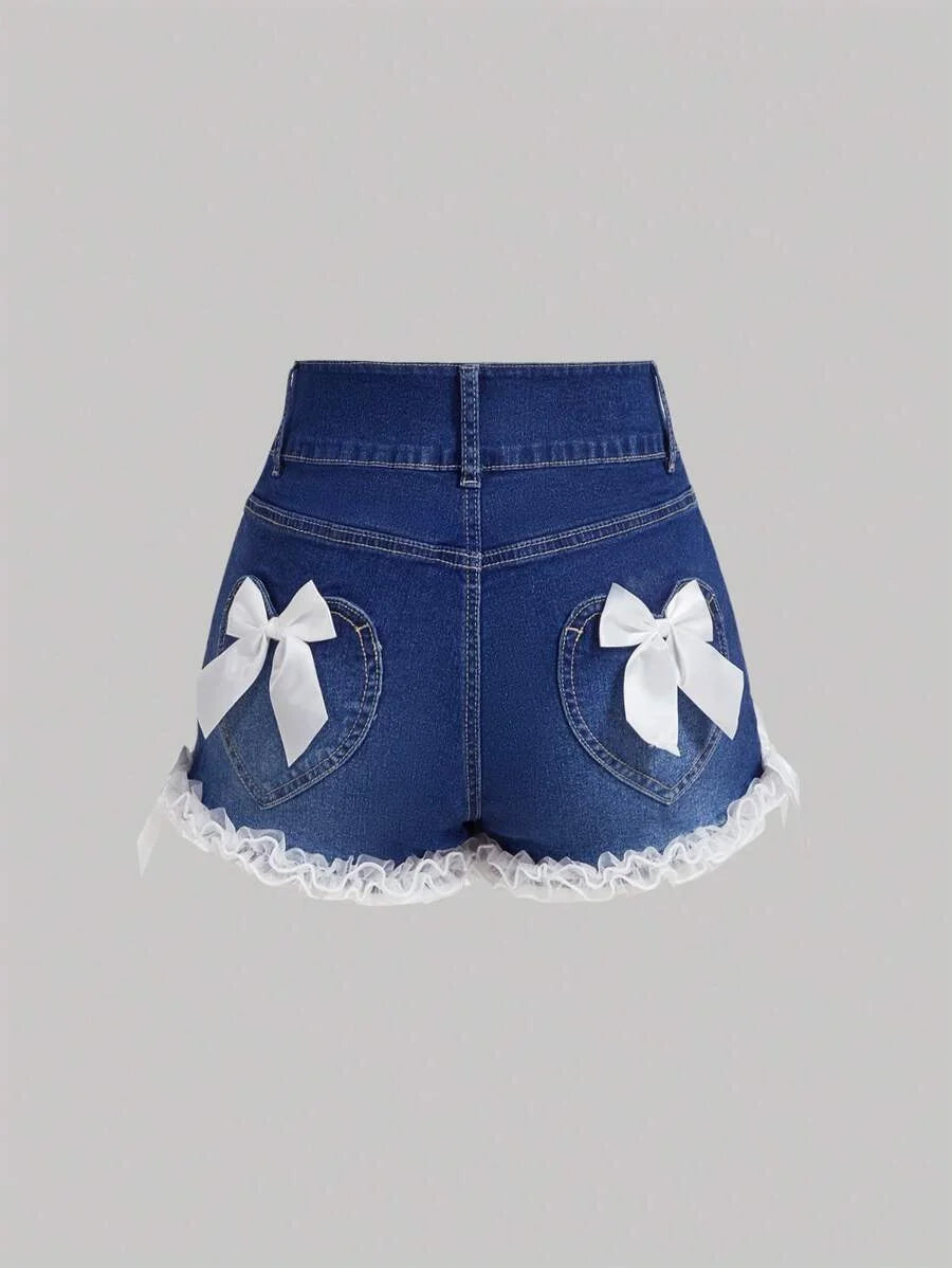 Womens Front Button Multiple Pockets Bow Decor Ruffle Hem Denim Shorts