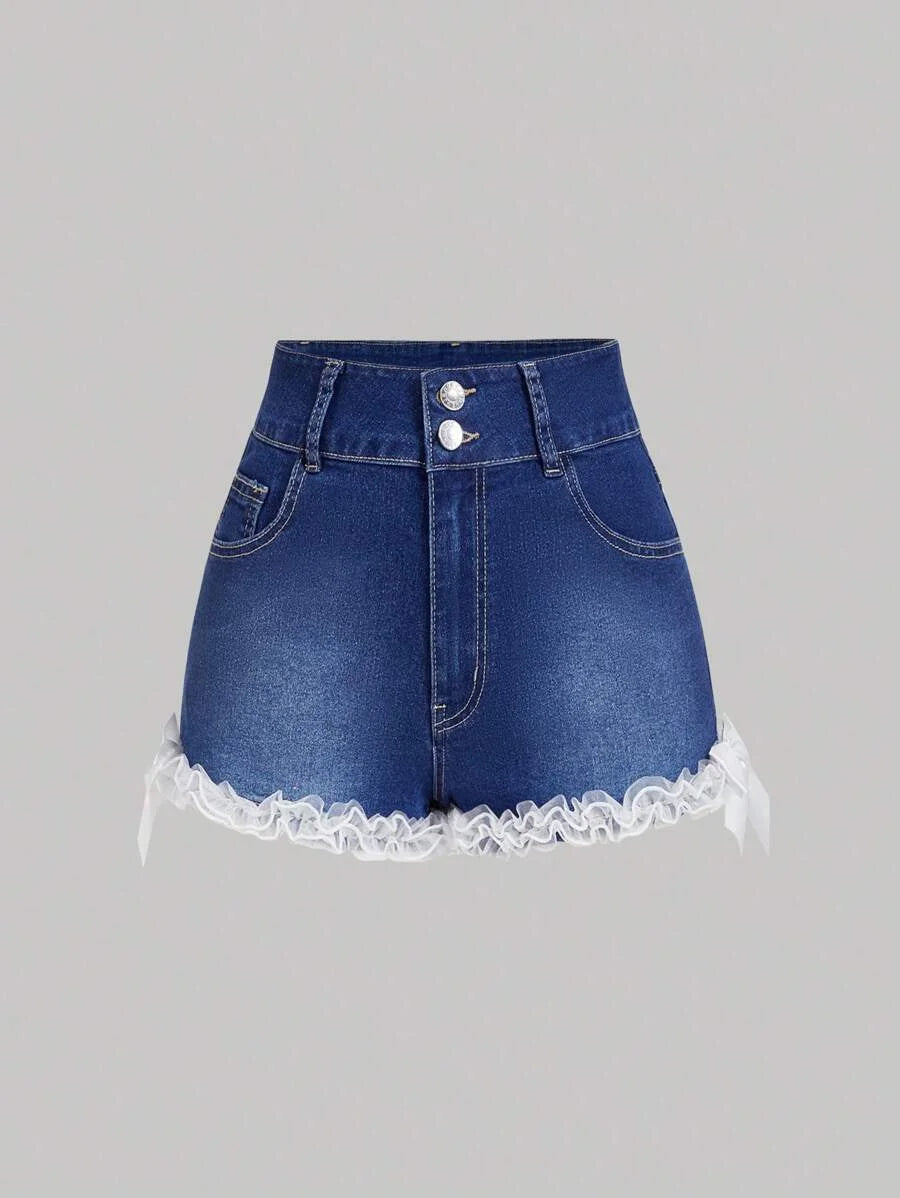 Womens Front Button Multiple Pockets Bow Decor Ruffle Hem Denim Shorts
