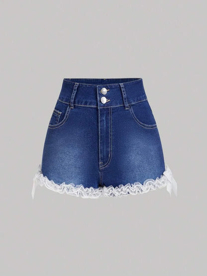 Womens Front Button Multiple Pockets Bow Decor Ruffle Hem Denim Shorts