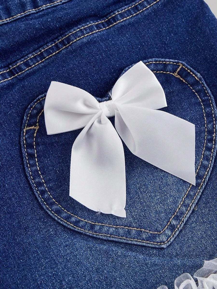 Womens Front Button Multiple Pockets Bow Decor Ruffle Hem Denim Shorts