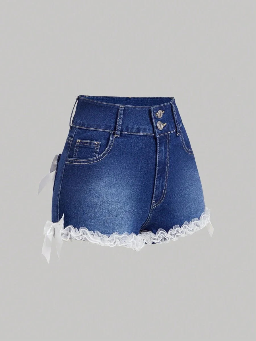 Womens Front Button Multiple Pockets Bow Decor Ruffle Hem Denim Shorts