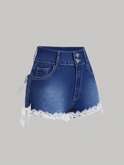 Womens Front Button Multiple Pockets Bow Decor Ruffle Hem Denim Shorts
