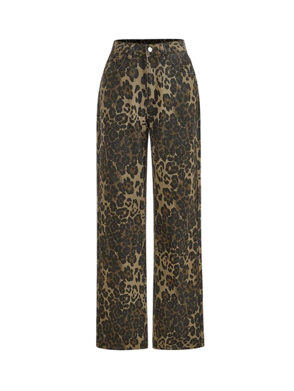 Womens Front Button Pocket Leopard Print Simple Casual Denim Jeans