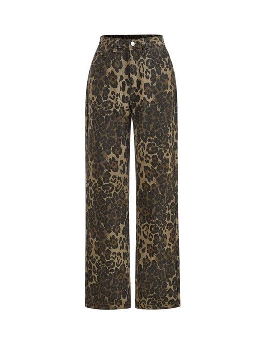 Womens Front Button Pocket Leopard Print Simple Casual Denim Jeans