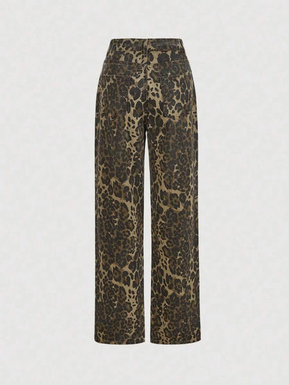 Womens Front Button Pocket Leopard Print Simple Casual Denim Jeans