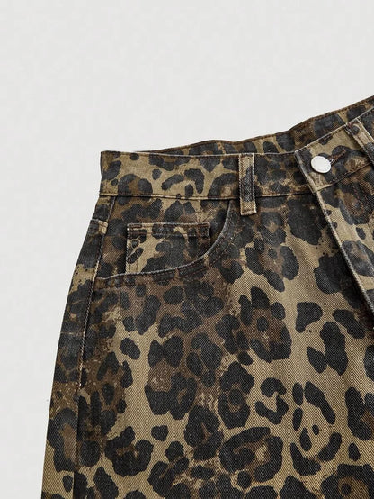 Womens Front Button Pocket Leopard Print Simple Casual Denim Jeans