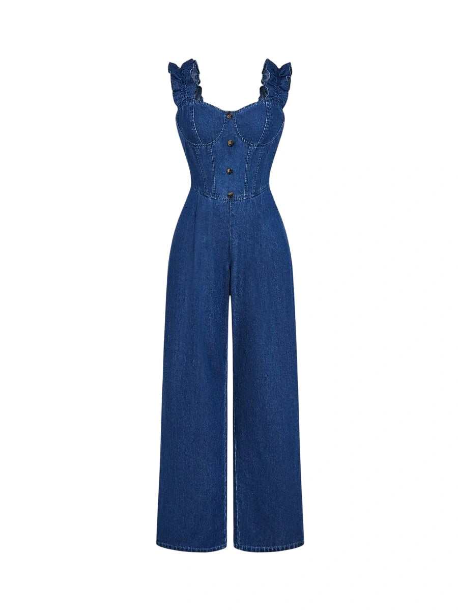 Womens Front Button Sweetheart Collar Ruffle Hem Casual Denim Jumpsuit