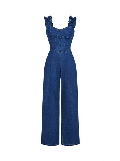Womens Front Button Sweetheart Collar Ruffle Hem Casual Denim Jumpsuit