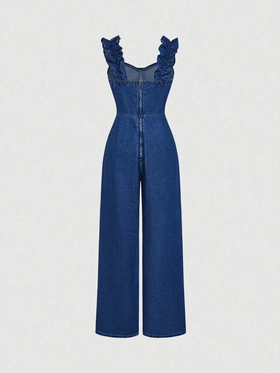 Womens Front Button Sweetheart Collar Ruffle Hem Casual Denim Jumpsuit