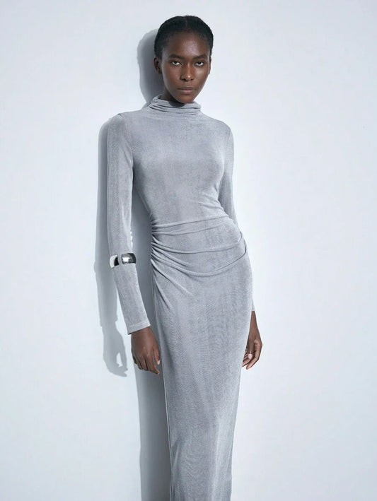 Womens Grey Glitter Knit Ruched Waist Split Back Funnel Neck Fitted Dress Elegant Holiday Party Wear
