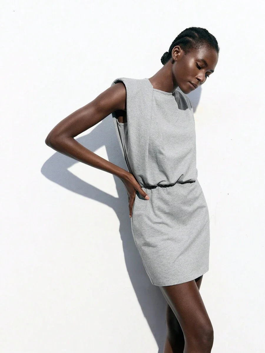 Womens Grey Minimal Shoulder Design Versatile Modern Urban Back To School Dress Ladies Plain Crew