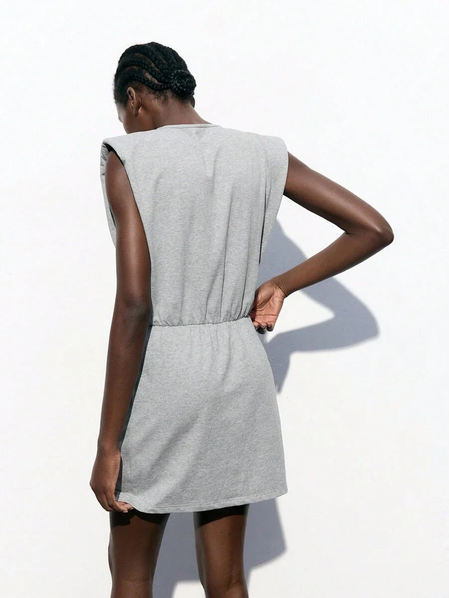 Womens Grey Minimal Shoulder Design Versatile Modern Urban Back To School Dress Ladies Plain Crew