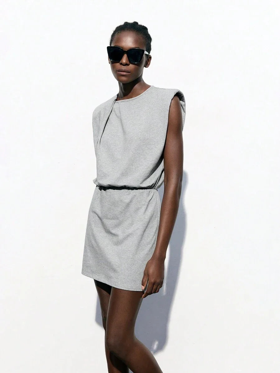 Womens Grey Minimal Shoulder Design Versatile Modern Urban Back To School Dress Ladies Plain Crew