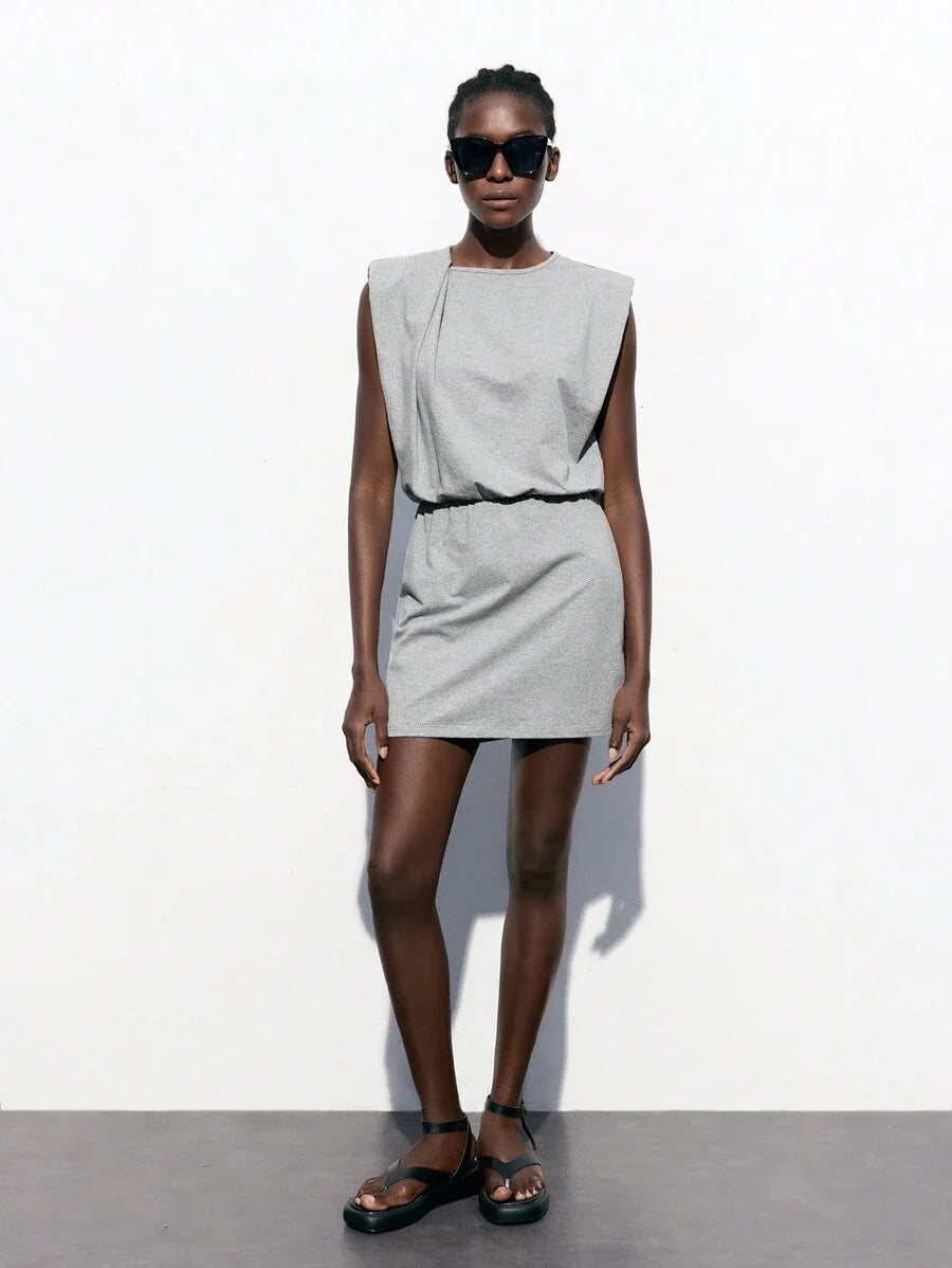 Womens Grey Minimal Shoulder Design Versatile Modern Urban Back To School Dress Ladies Plain Crew