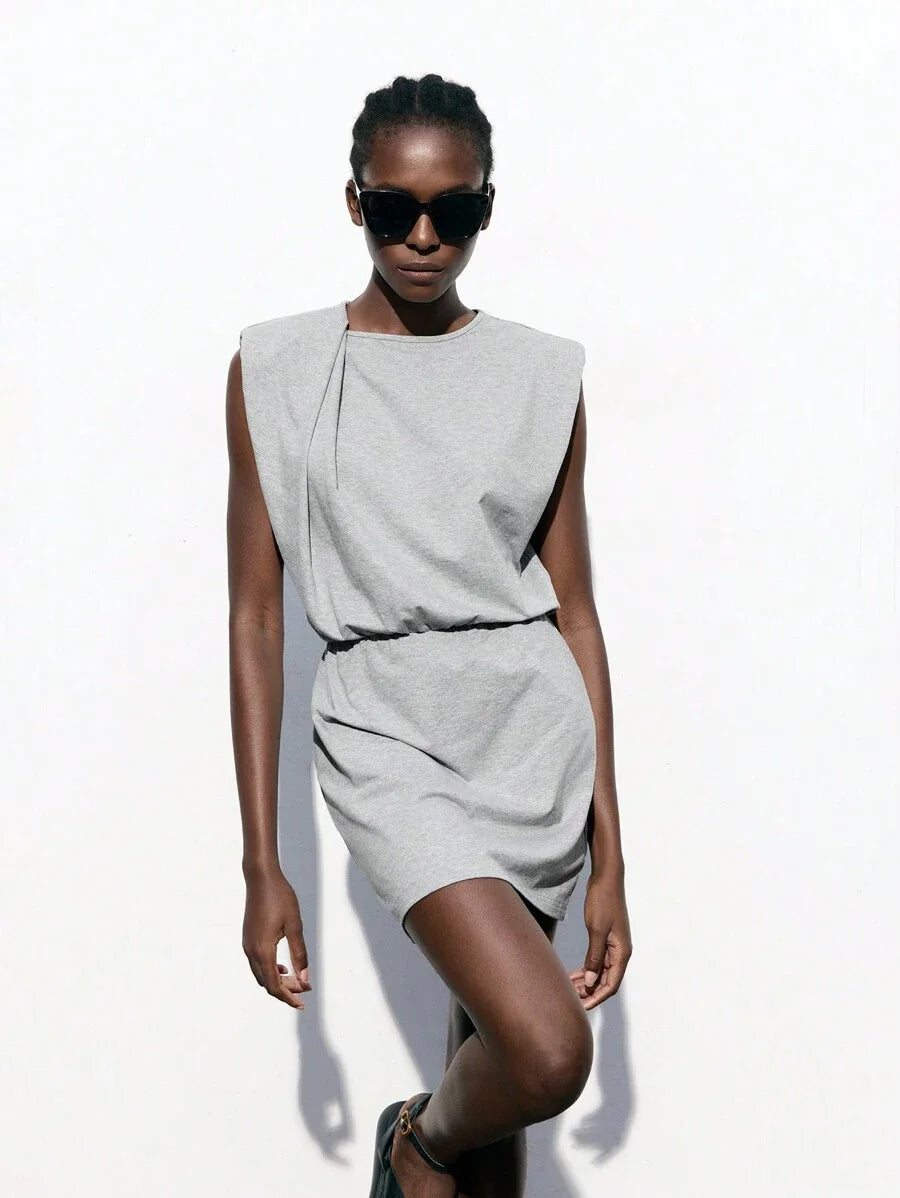 Womens Grey Minimal Shoulder Design Versatile Modern Urban Back To School Dress Ladies Plain Crew