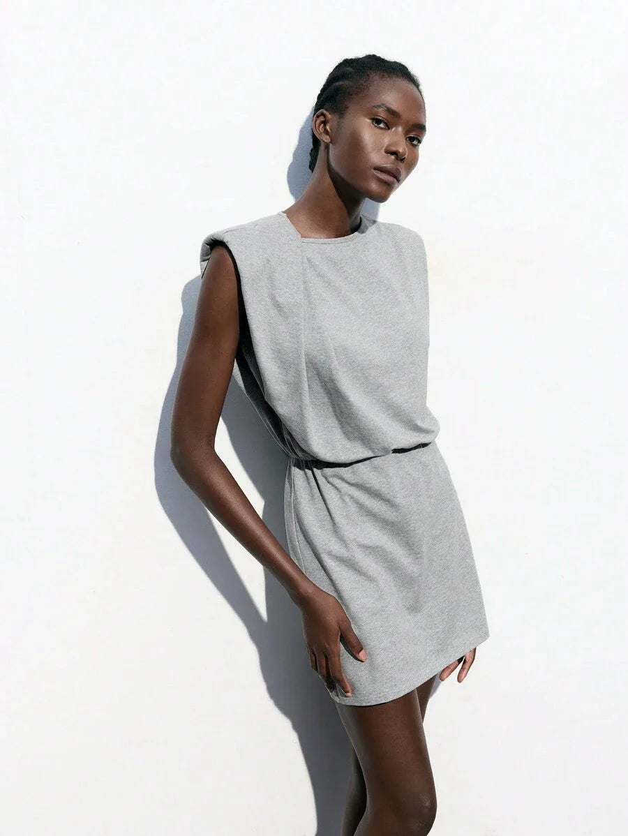 Womens Grey Minimal Shoulder Design Versatile Modern Urban Back To School Dress Ladies Plain Crew