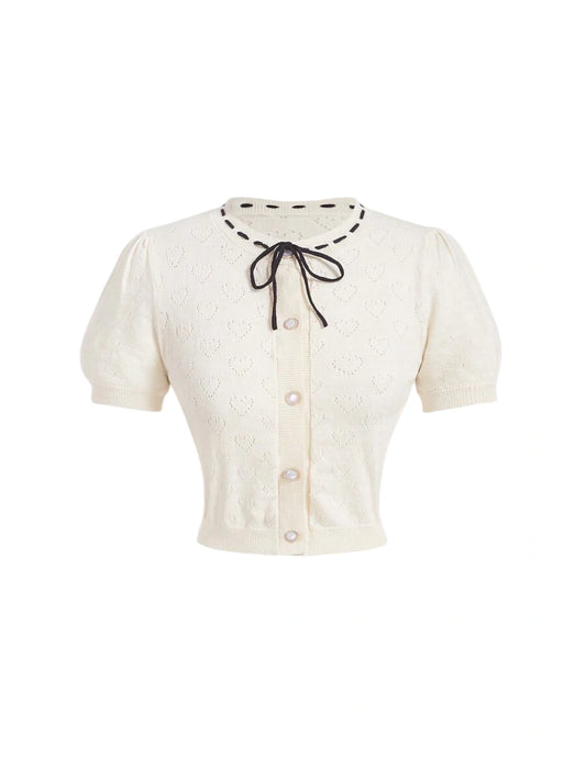 Womens Heart Pattern BowTie Fastening Apricot Knitted Cardigan Short Puff Sleeve Back To School
