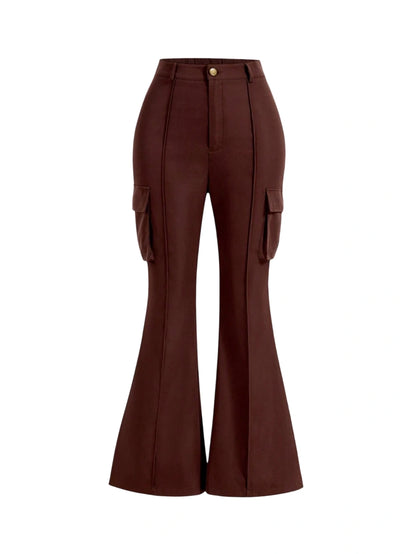 Womens High Waist Side Cargo Pockets Brown Flare Leggings Daily Pants Streetwear PantsFlare Leggings