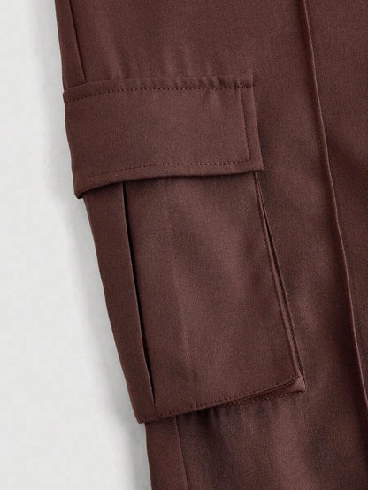 Womens High Waist Side Cargo Pockets Brown Flare Leggings Daily Pants Streetwear PantsFlare Leggings