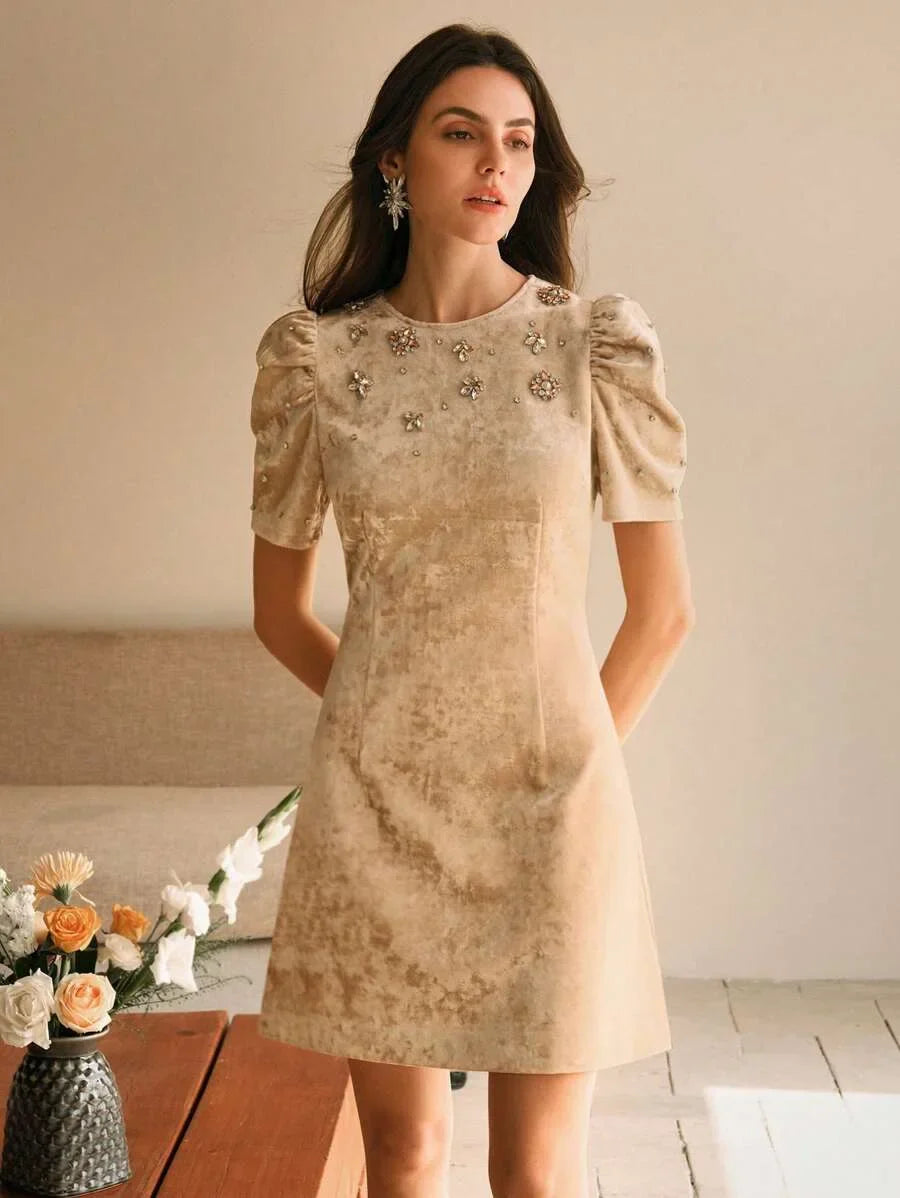 Womens HighEnd Studded Pearl Round Neck Puff Sleeve Velvet Mini Dress Elegant And Slimming New
