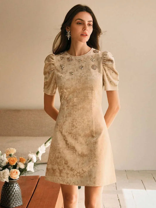 Womens HighEnd Studded Pearl Round Neck Puff Sleeve Velvet Mini Dress Elegant And Slimming New