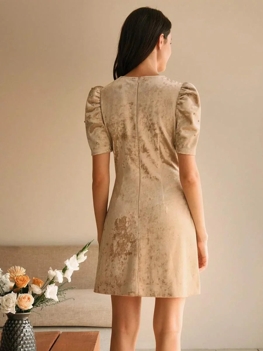 Womens HighEnd Studded Pearl Round Neck Puff Sleeve Velvet Mini Dress Elegant And Slimming New