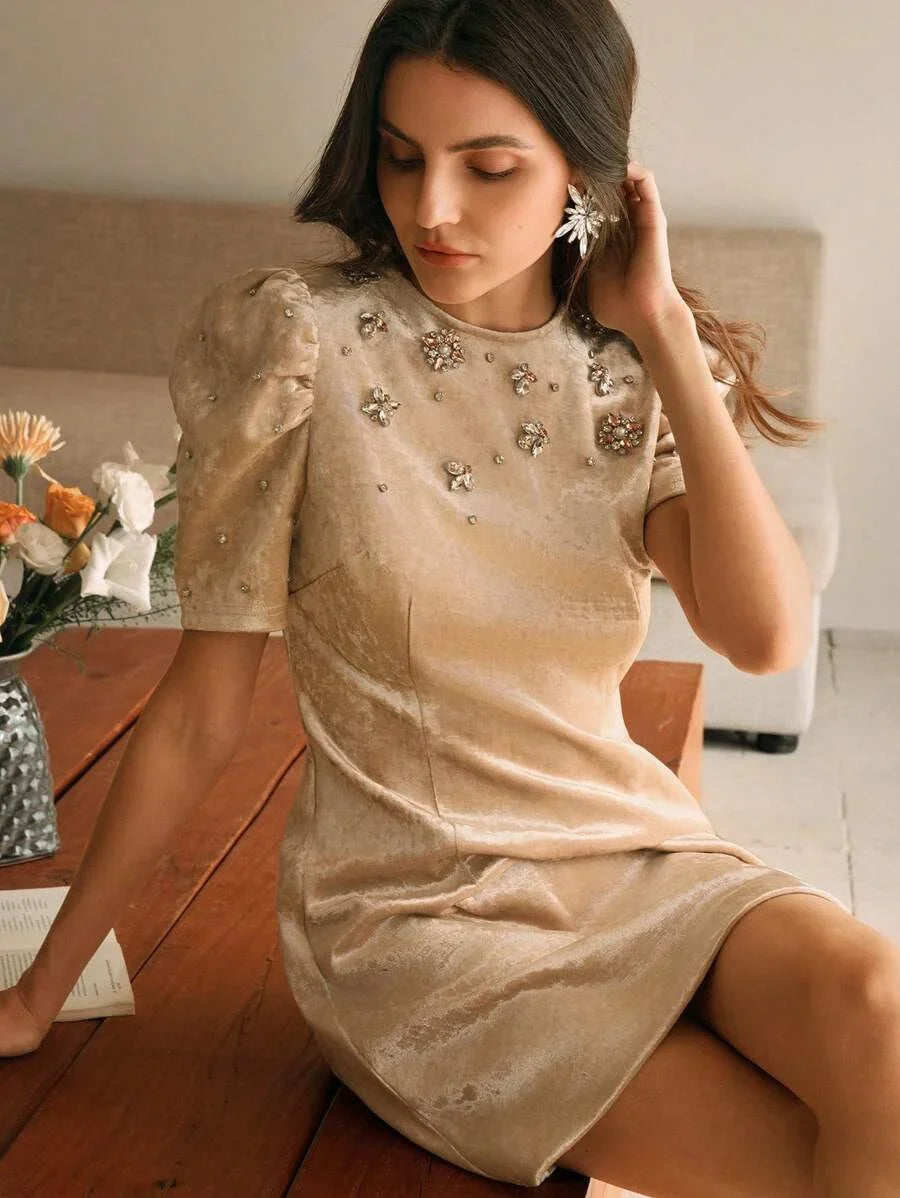 Womens HighEnd Studded Pearl Round Neck Puff Sleeve Velvet Mini Dress Elegant And Slimming New