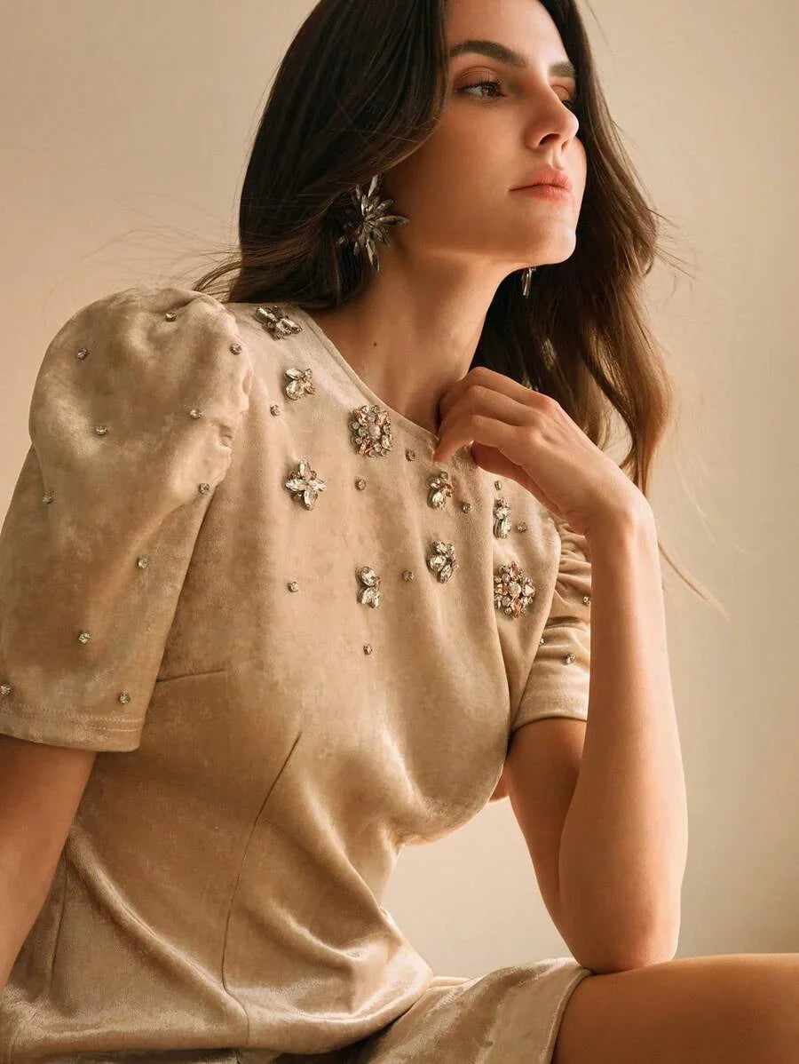 Womens HighEnd Studded Pearl Round Neck Puff Sleeve Velvet Mini Dress Elegant And Slimming New