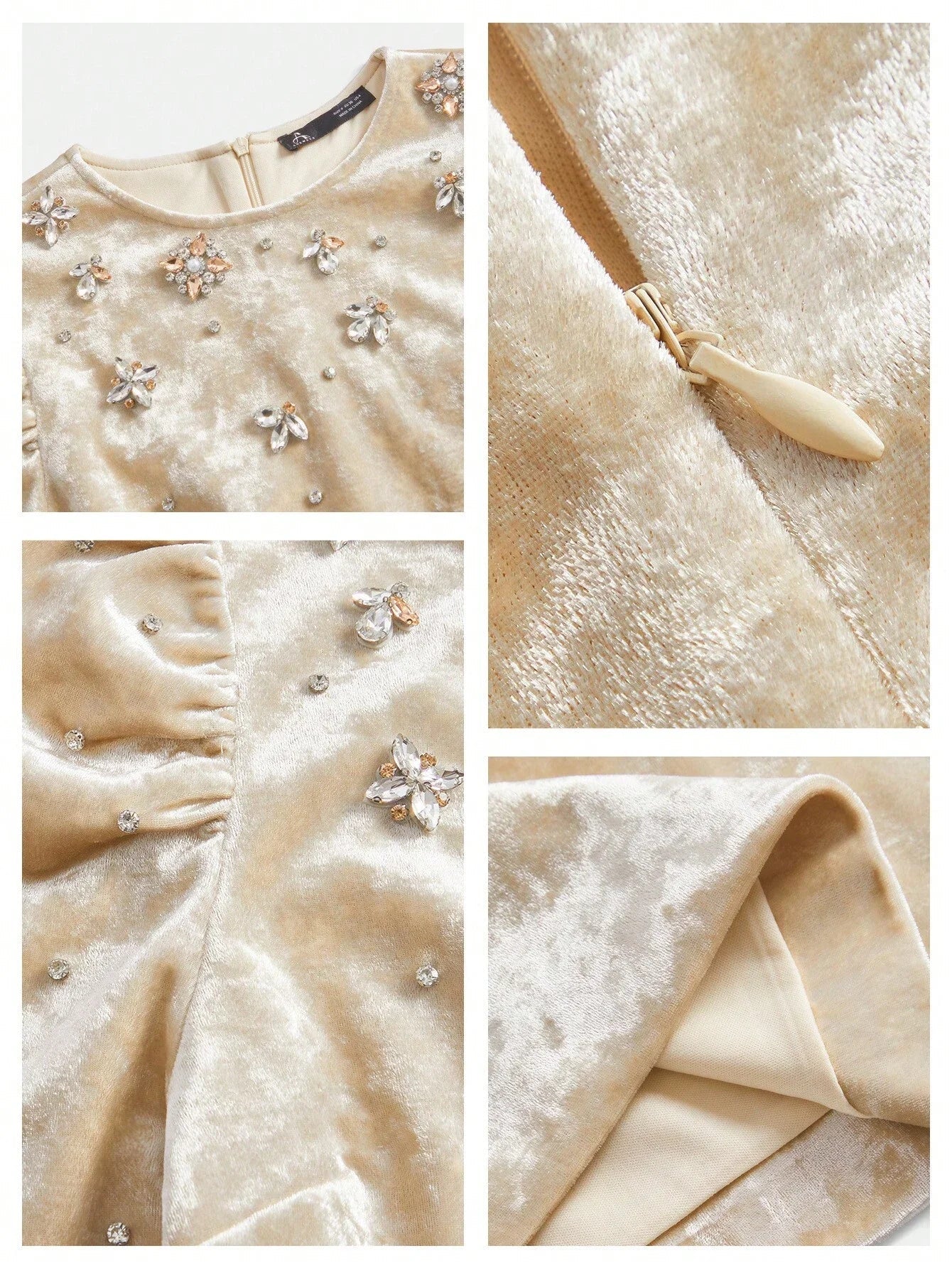 Womens HighEnd Studded Pearl Round Neck Puff Sleeve Velvet Mini Dress Elegant And Slimming New