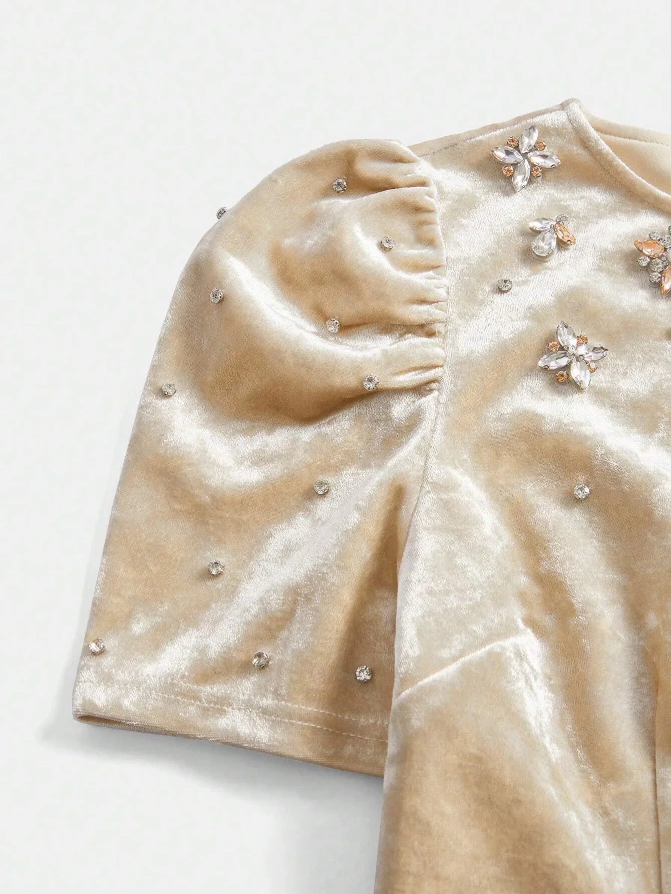 Womens HighEnd Studded Pearl Round Neck Puff Sleeve Velvet Mini Dress Elegant And Slimming New