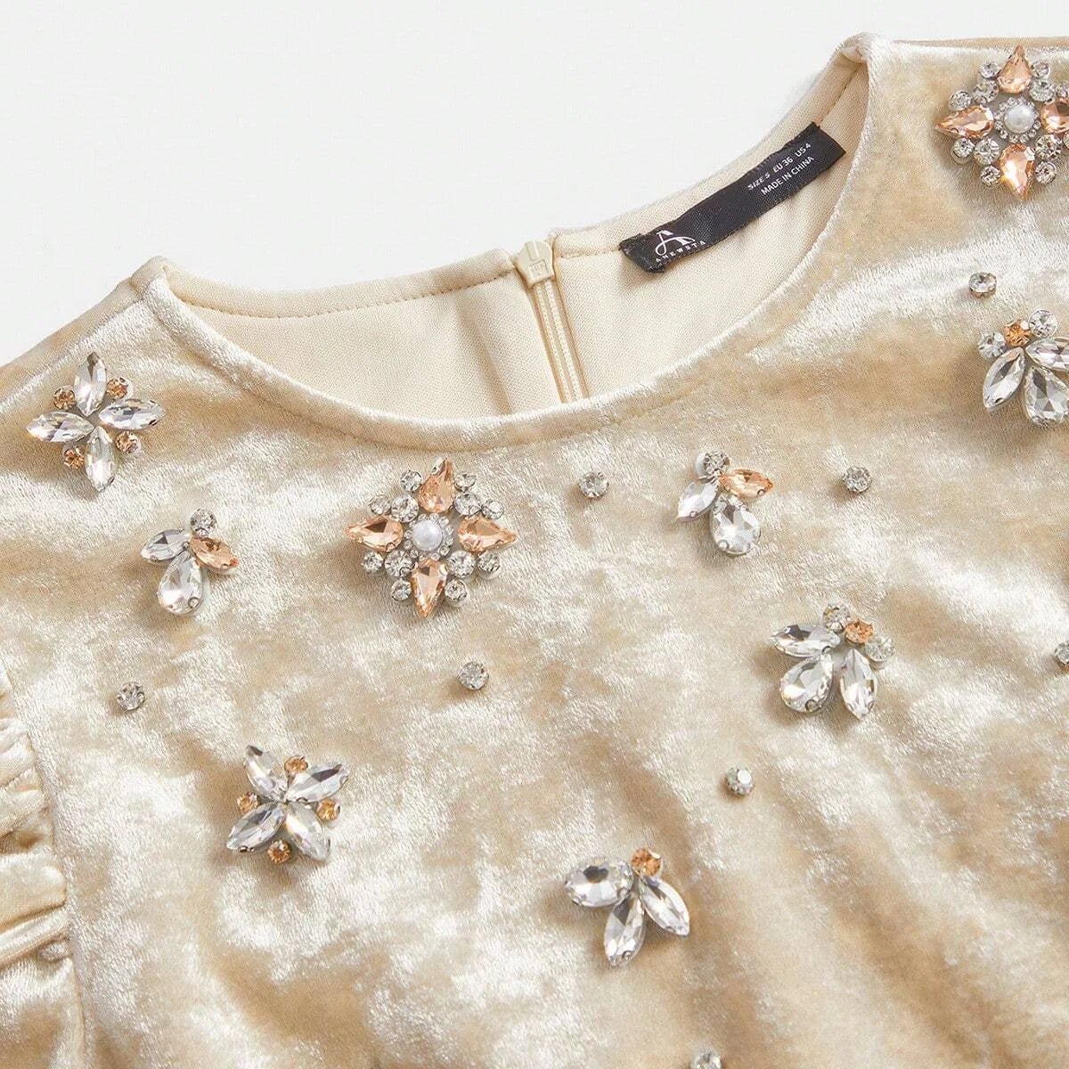 Womens HighEnd Studded Pearl Round Neck Puff Sleeve Velvet Mini Dress Elegant And Slimming New