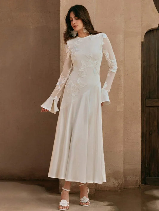 Womens Jacquard Flared Sleeve Elegant Textured Patchwork Dress