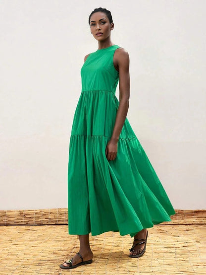 Womens Jade Green Oversized Tiered Ruffle Design Split Casual Dress Modern Resort Wear Comfortable