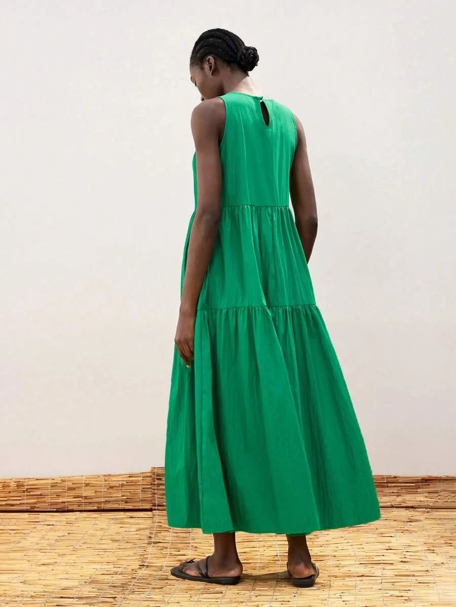 Womens Jade Green Oversized Tiered Ruffle Design Split Casual Dress Modern Resort Wear Comfortable