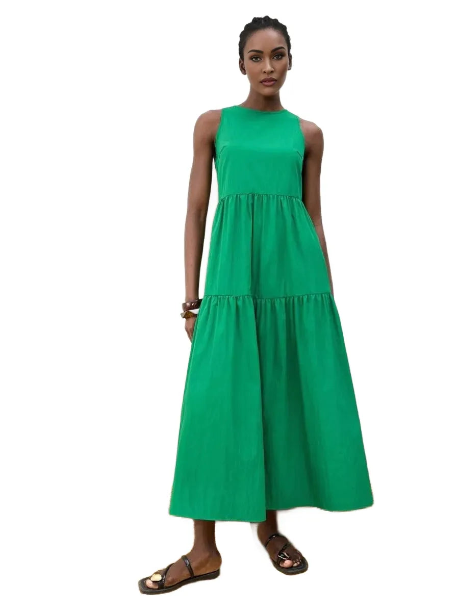 Womens Jade Green Oversized Tiered Ruffle Design Split Casual Dress Modern Resort Wear Comfortable