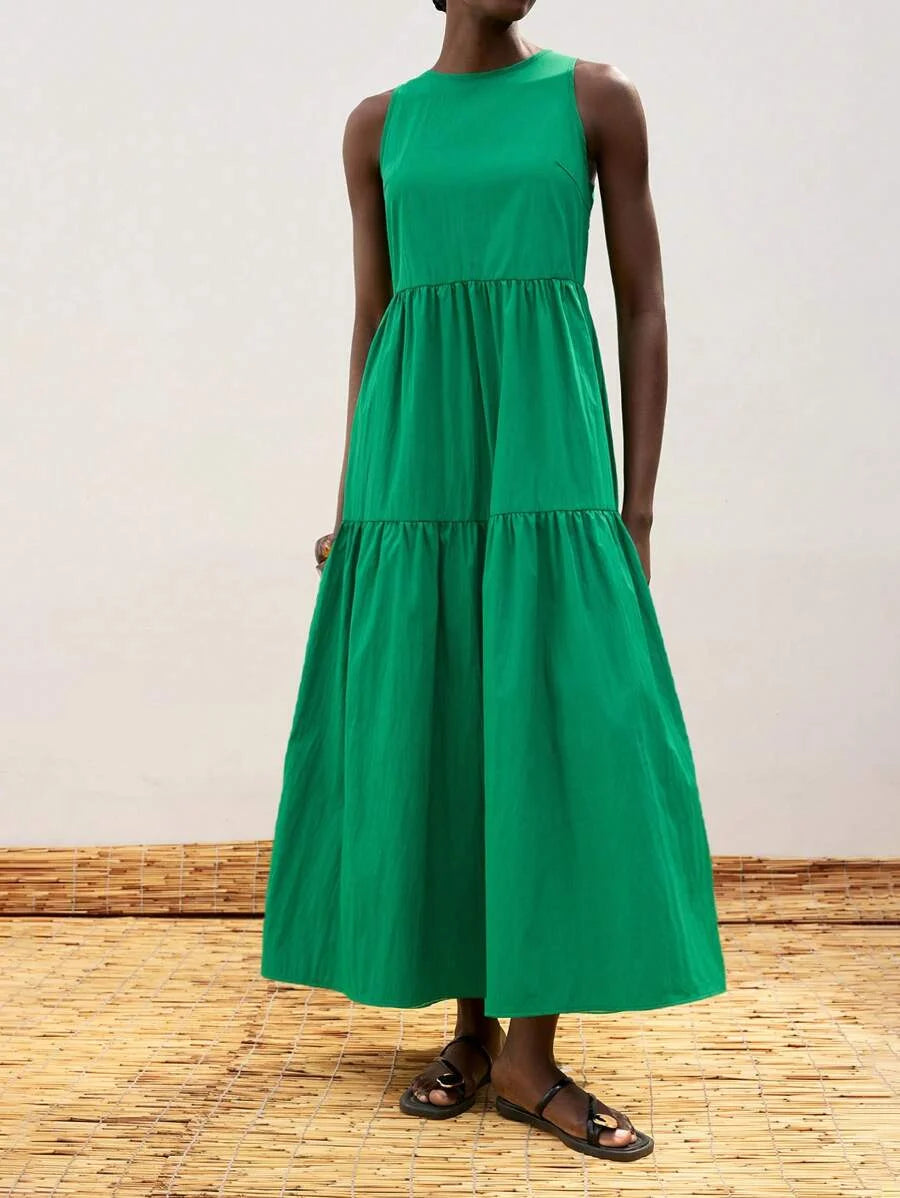 Womens Jade Green Oversized Tiered Ruffle Design Split Casual Dress Modern Resort Wear Comfortable