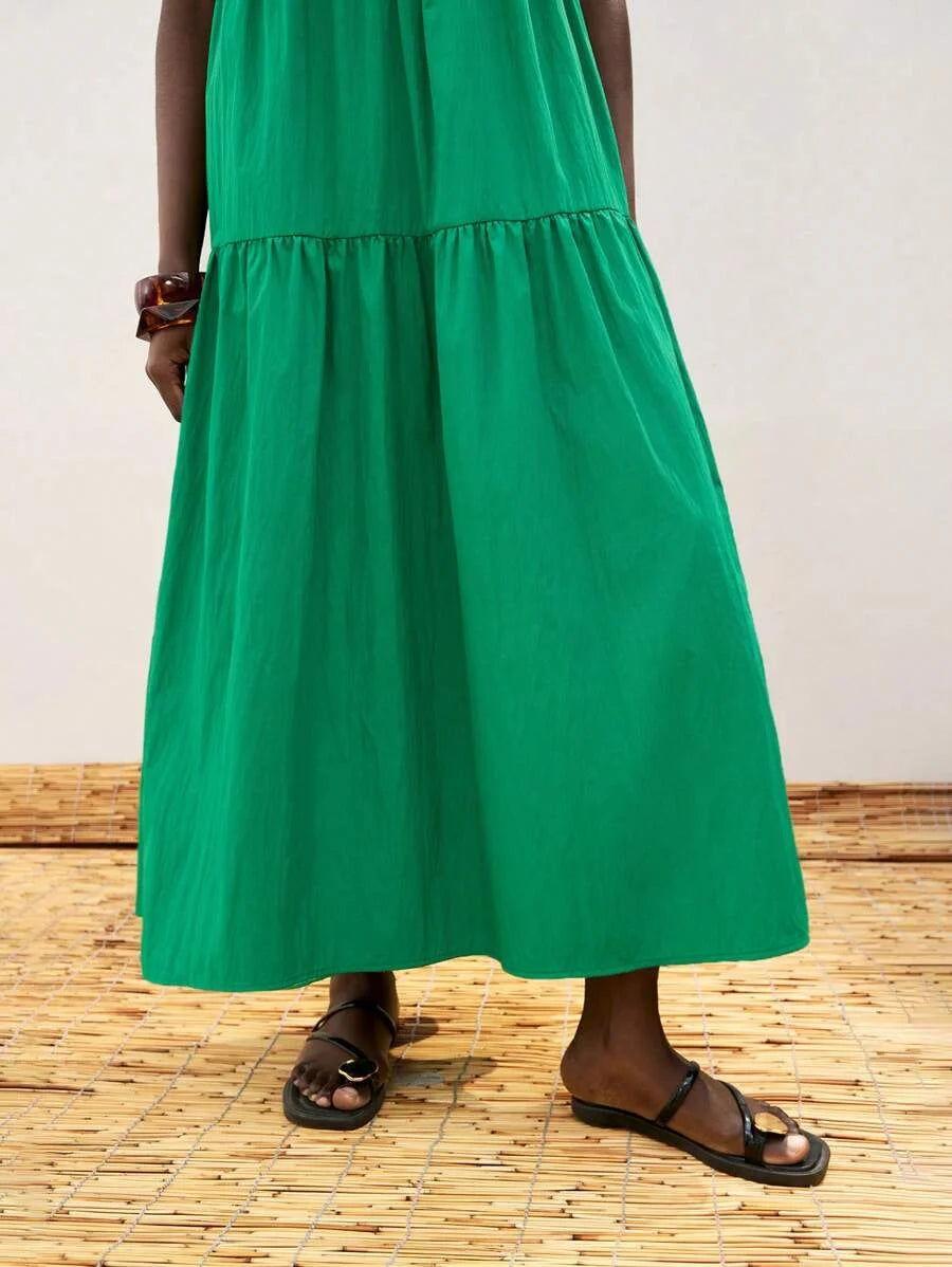 Womens Jade Green Oversized Tiered Ruffle Design Split Casual Dress Modern Resort Wear Comfortable